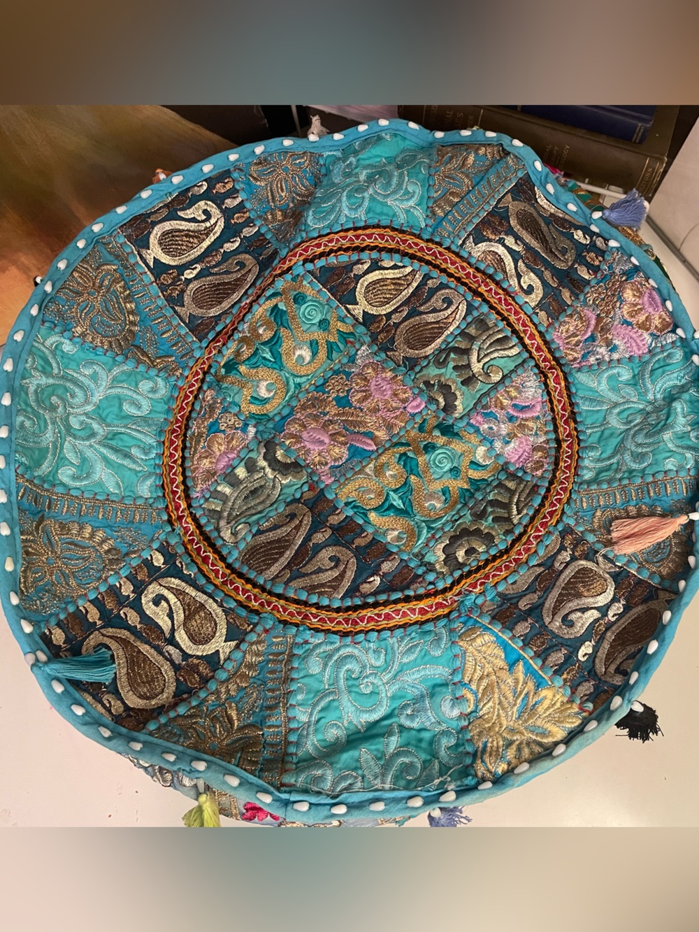 Turquoise Indian Embroidered Ottoman Cover